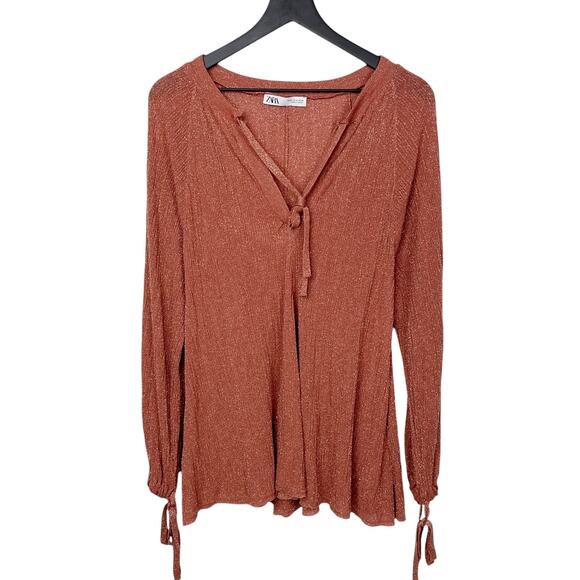 Zara Metallic Long Sleeve Tie Front Top Size M‎ Copper - Picture 1 of 7